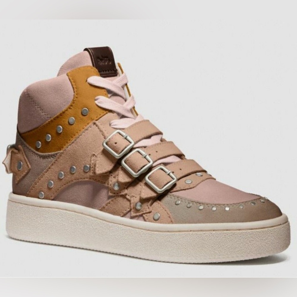 Coach Women's Suede Leather Pink and Tan High-Top Low Platform Sneakers 8.5/39